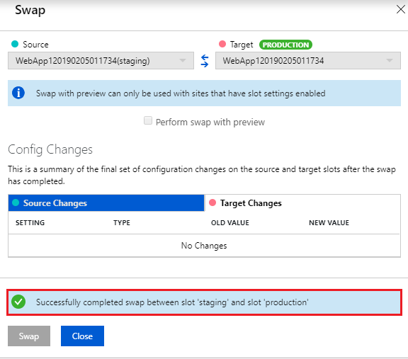 Screenshot of the Swap dialogue in the Azure portal with the successfully complete swap message highlighted